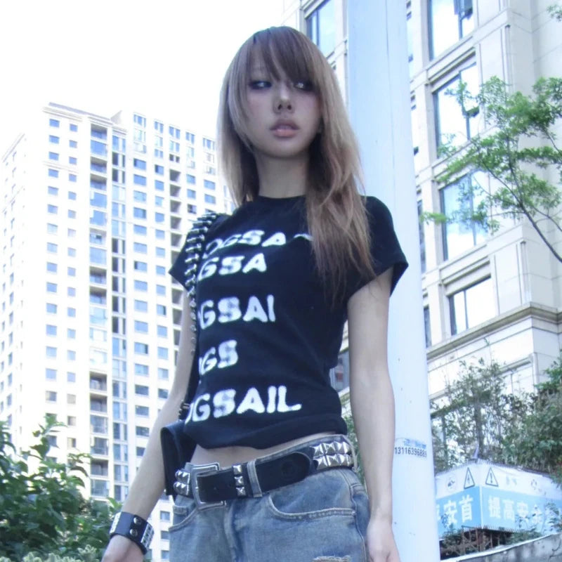 Cathy Dollette Grunge s Letter Print  Trashy 2000s Style Short Sleeve Tee Shirt Japanese  Crop TopAmerican Retro