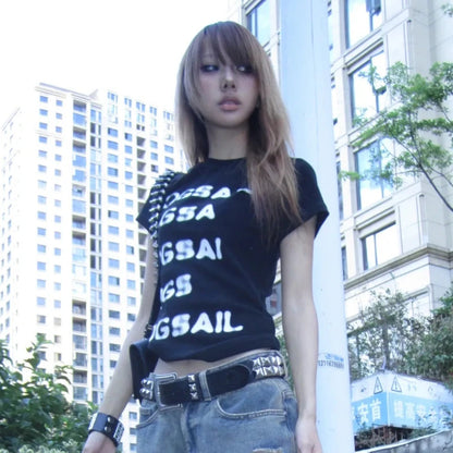 Cathy Dollette Grunge s Letter Print  Trashy 2000s Style Short Sleeve Tee Shirt Japanese  Crop TopAmerican Retro
