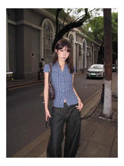 Cathy Dollette Hotsweet Blue Plaid Turn-down Collar 's Shirt Button Up 2025 Summer Short Sleeve Blouse Vintage Korean