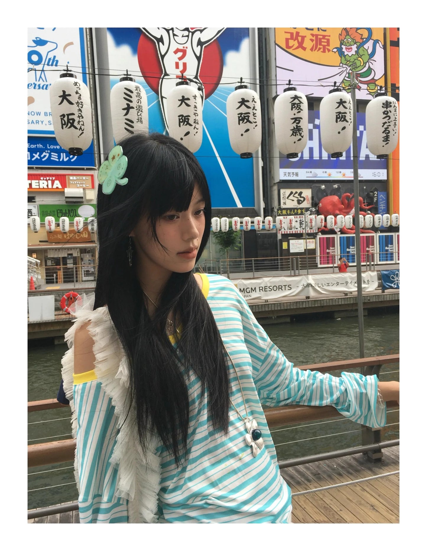 Cathy Dollette Japanese  Blue Striped  Korean 2000s Style V-neck Long Sleeve T Shirt Vintage Harajuku Off Shoulder Loose Tops