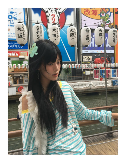 Cathy Dollette Japanese  Blue Striped  Korean 2000s Style V-neck Long Sleeve T Shirt Vintage Harajuku Off Shoulder Loose Tops