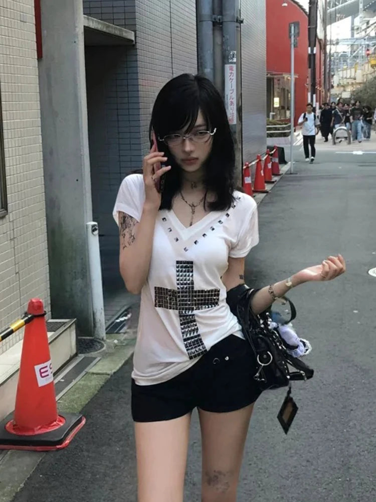 Cathy Dollette  Japanese T Shirt  Short Sleeve Sequined Cross Tee TopAmerican Retro Vintage TopE-girls Streetwear Tshirts