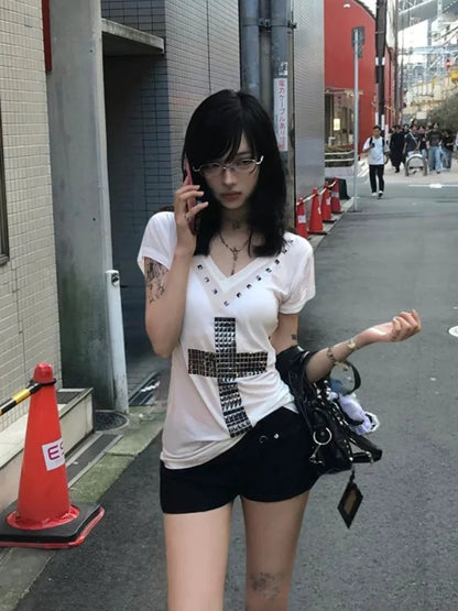 Cathy Dollette  Japanese T Shirt  Short Sleeve Sequined Cross Tee TopAmerican Retro Vintage TopE-girls Streetwear Tshirts