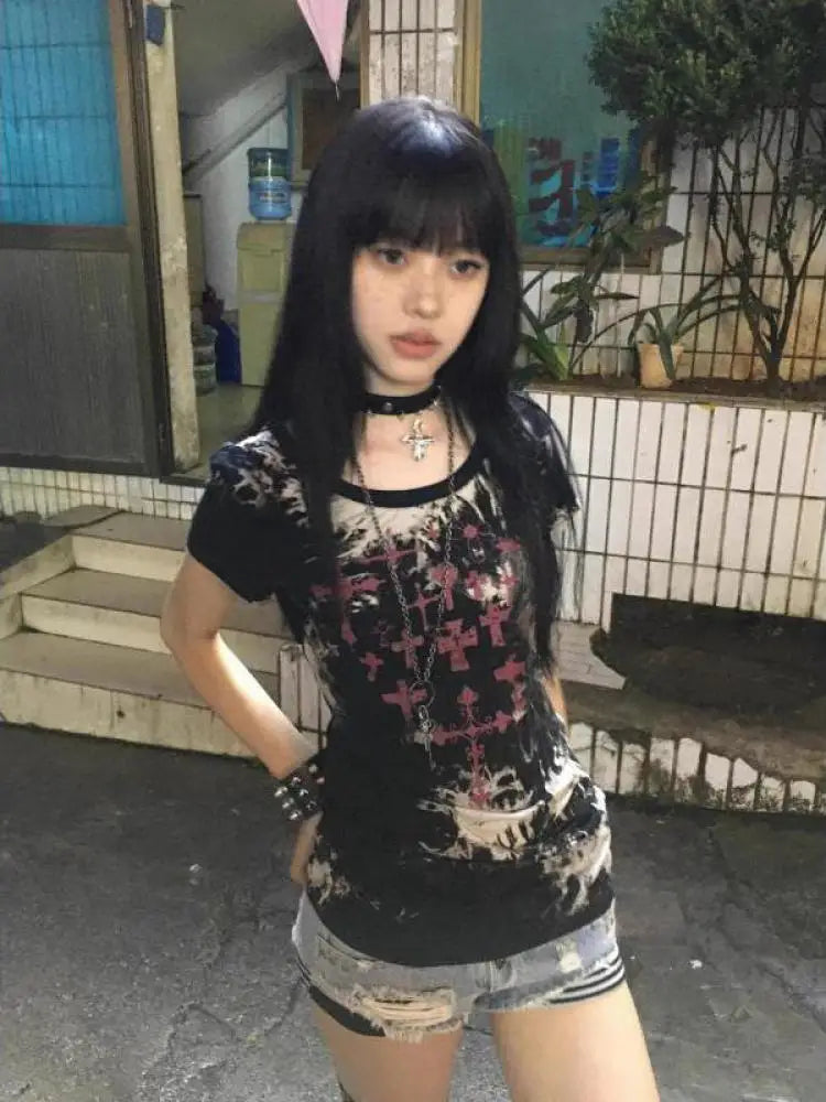 Cathy Dollette Gothic Graphic T Shirts Woman Clothes Short Sleeve Japan Style 2000s Clothes  Summer TopBlack Tees Female Clothing