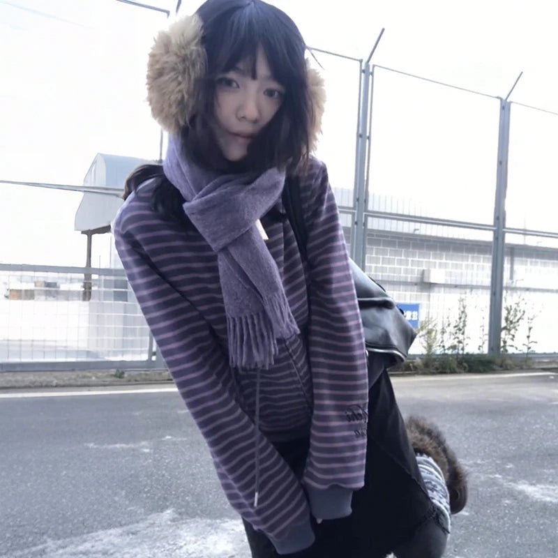 Cathy Dollette Japanese  Purple Striped Cardigan 2000s Style Turtleneck Knitted Jacket Vintage Harajuku Zipper Knitwear Korean 90s