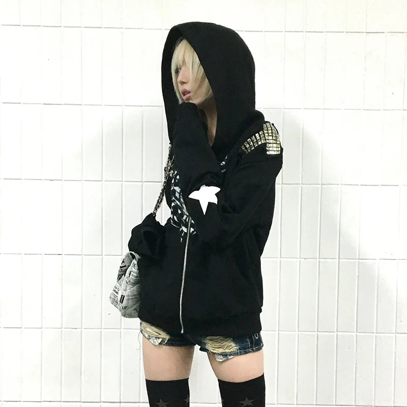 Cathy Dollette Grunge s Tattoo Print Jacket Trashy 2000s Style Hooded Outerwears Japanese  Rivet Coat Gothic American Retro