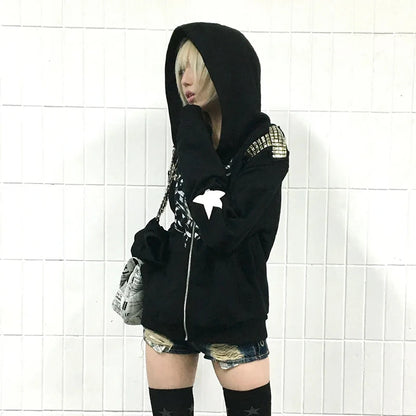 Cathy Dollette Grunge s Tattoo Print Jacket Trashy 2000s Style Hooded Outerwears Japanese  Rivet Coat Gothic American Retro