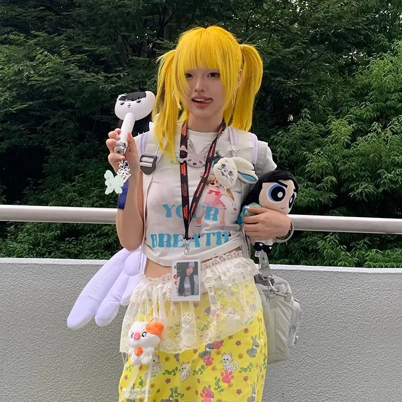 Cathy Dollette Japanese  Letter Print  2000s s Anime Crop Top Vintage Harajuku Short Sleeve Tee Shirt Kawaii Lolita