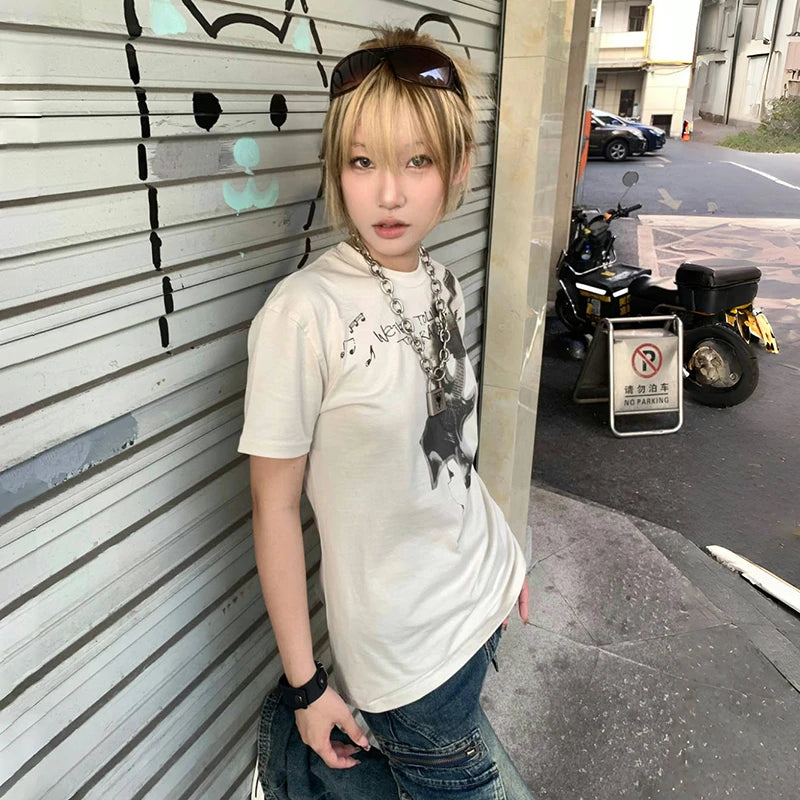 Cathy Dollette Japanese  Punk Print  Trashy 2000s Style Short Sleeve Tee Shirt Grunge s Streetwear American Retro