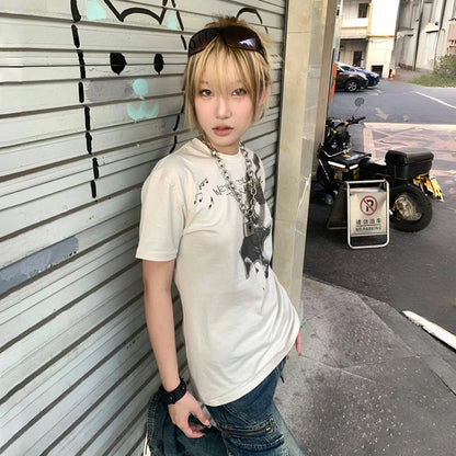 Cathy Dollette Japanese  Punk Print  Trashy 2000s Style Short Sleeve Tee Shirt Grunge s Streetwear American Retro
