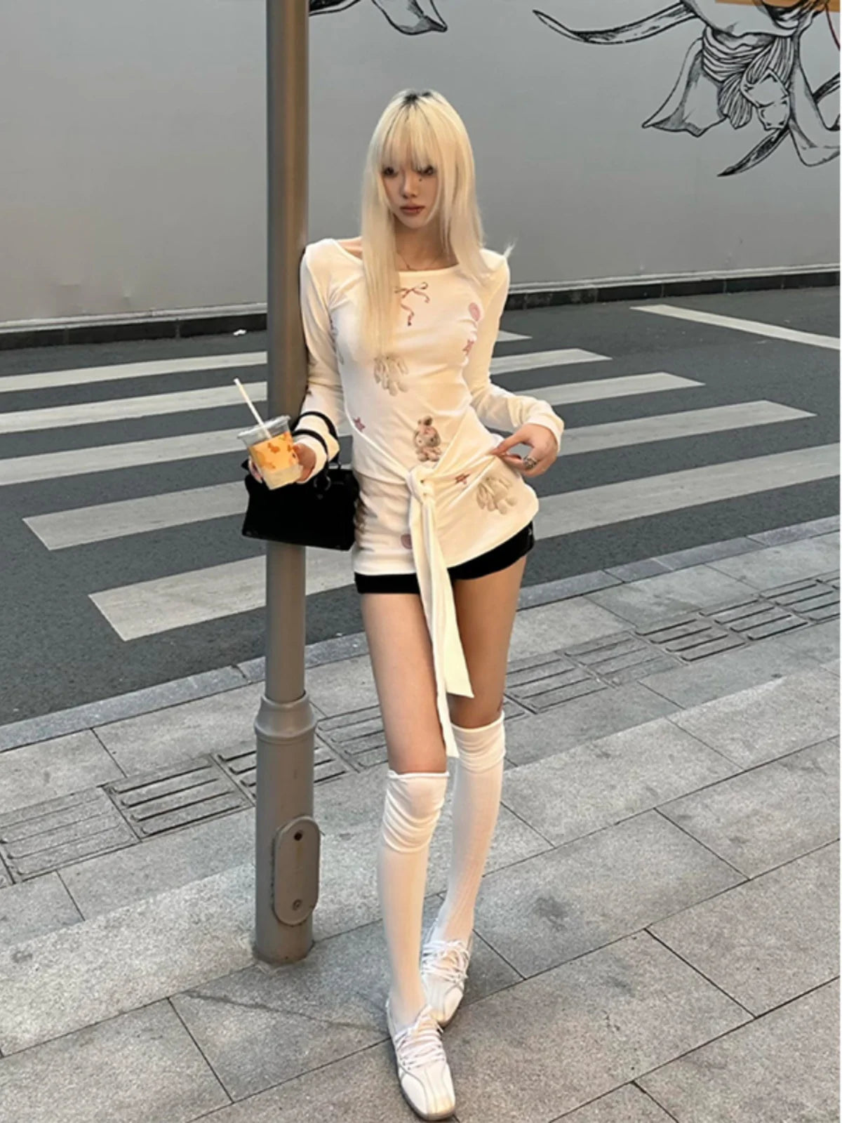 Cathy Dollette  Print Graphic T Shirts Long Sleeve Lace Up Japanese Style Spring Top Kawaii Tees Female Clothing Chic