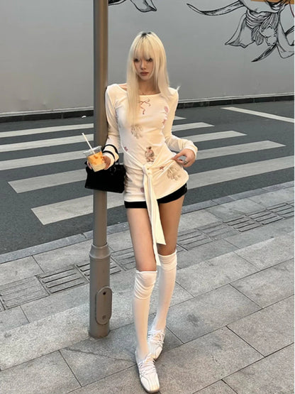 Cathy Dollette  Print Graphic T Shirts Long Sleeve Lace Up Japanese Style Spring Top Kawaii Tees Female Clothing Chic