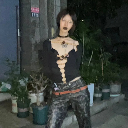 Cathy Dollette Japanese  Hollow Out TopVintage Harajuku Beaded T Shirt 2000s s Long Sleeve Slim s American Retro