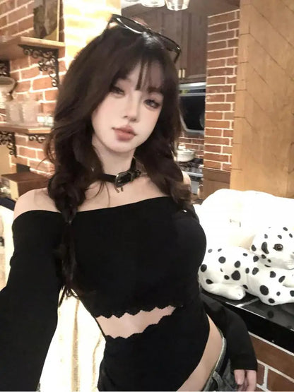 Cathy Dollette Backless Graphic T Shirts 2000s Japanese  Long Sleeve Skinny Off Shoulder Crop TopGothic Print Gaphic TopTee
