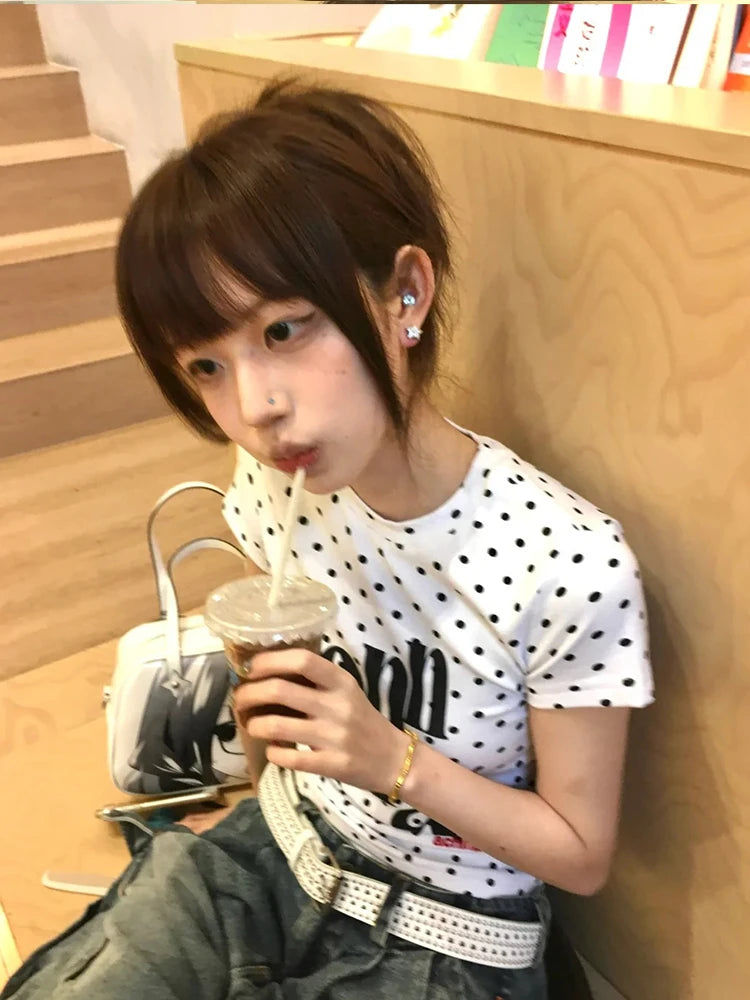 Cathy Dollette Harajuku Print Graphic Top Short Sleeve Polka Dot   Japanese Grunge Top Tshirts