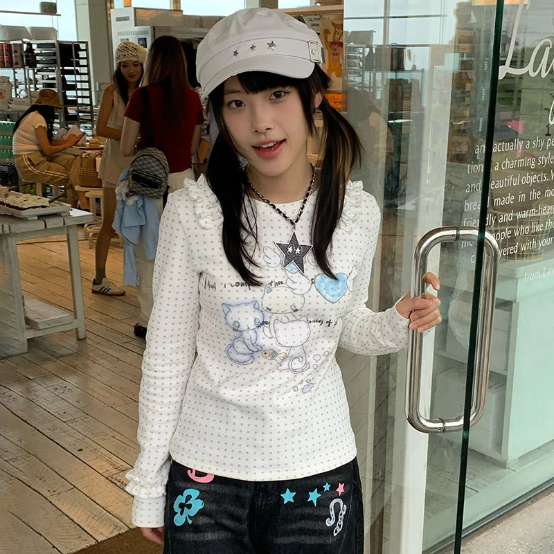 Cathy Dollette Japanese  Anime Print Knitted Top2000s s Long Sleeve  Cutecore Polka Dots Ribbed TopKawaii Cat