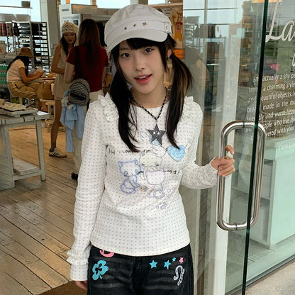 Cathy Dollette Japanese  Anime Print Knitted Top2000s s Long Sleeve  Cutecore Polka Dots Ribbed TopKawaii Cat