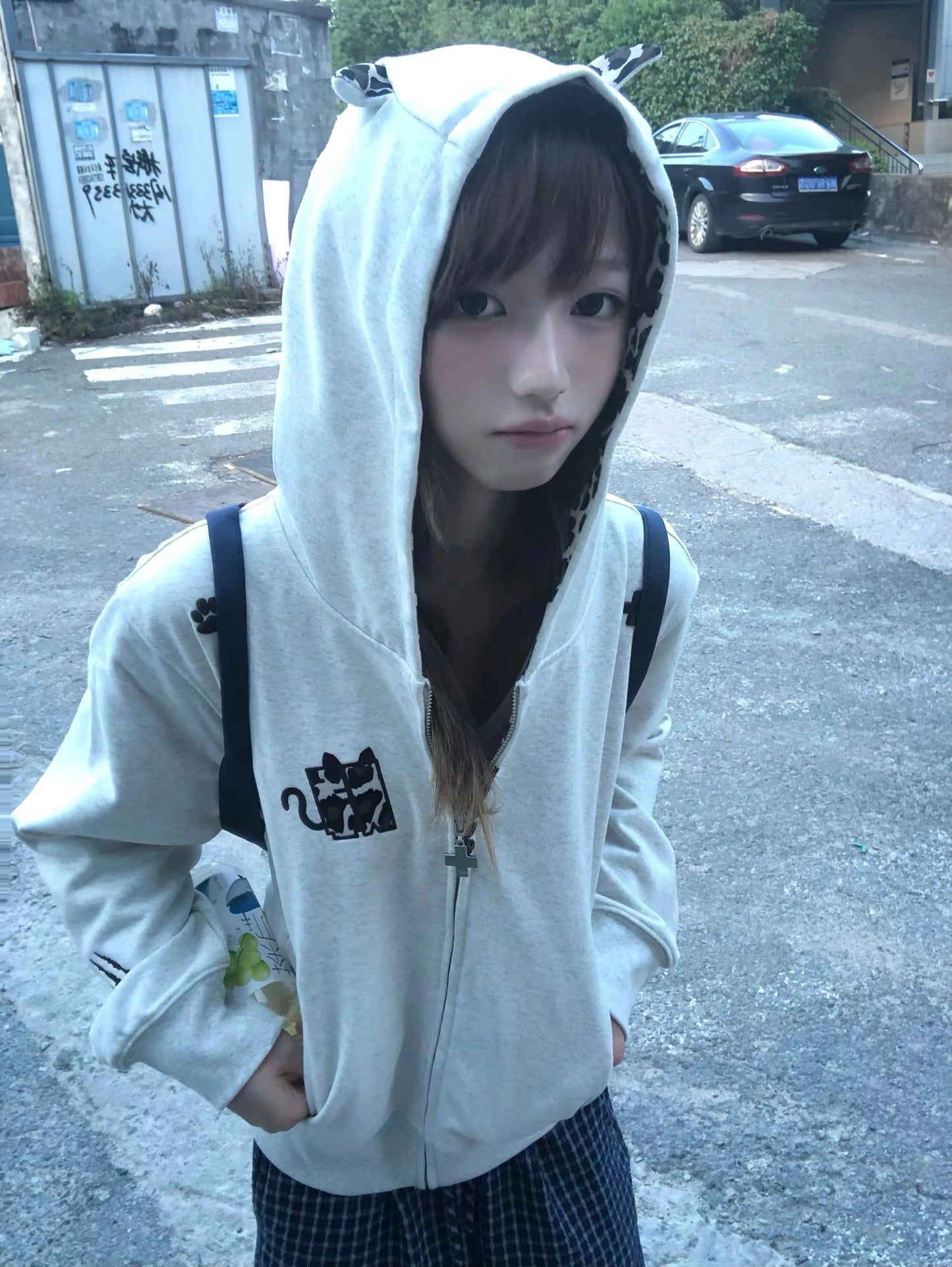 Cathy Dollette Japanese  Devil Hooded Jacket 2000s Style Puppy Print Outerwears Vintage Harajuku Thin Zipper Coat American Retro 90s