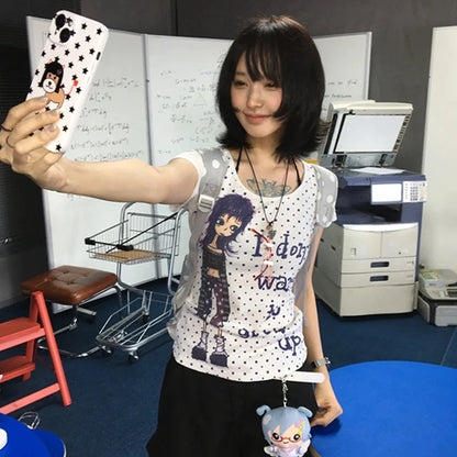 Cathy Dollette Harajuku Print T Shirt  Short Sleeve Slim  Japanese Grunge Top2000s  Fairycore Tee Top