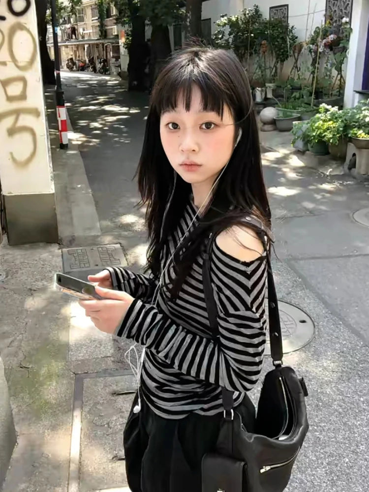 Cathy Dollette  2000s   Long Sleeve Striped Casual Tshirts Off Shoulder Korean Style Fairycore  Tee Tops