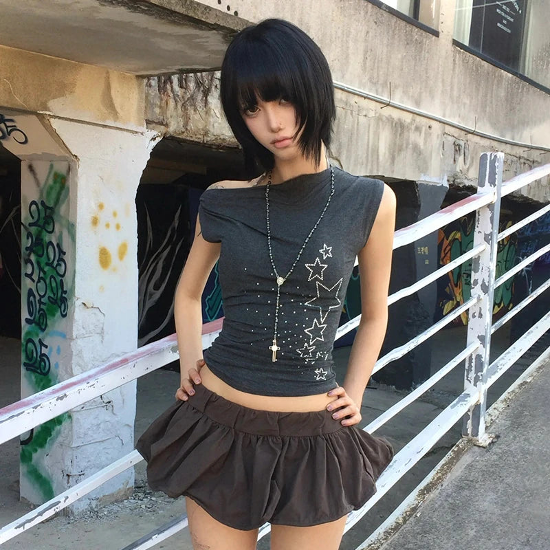 Cathy Dollette Japanese  Off Shoulder  Trashy 2000s Style Rhinestones Sleeveless Top Vintage Harajuku Crop Top American Retro