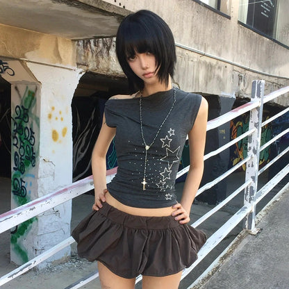 Cathy Dollette Japanese  Off Shoulder  Trashy 2000s Style Rhinestones Sleeveless Top Vintage Harajuku Crop Top American Retro