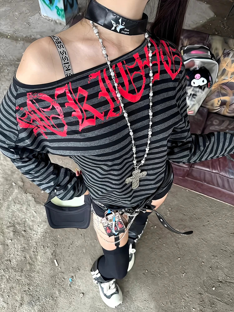 Cathy Dollette Hotsweet Striped Graphic T Shirts Woman Clothes 2000s Clothes  Long Sleeve Vintage Autumn TopOff Shoulder Tees Chic