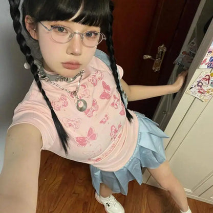 Cathy Dollette Korean Style Cotton T Shirt  Short Sleeve Butterfly  Vintage Top 2000s Pink Skinny Tshirts Summer