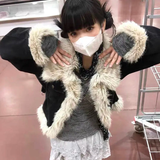 Cathy Dollette  s Black Denim Coat Grunge Fairycore Jeans Fur Jacket 2000s Harajuku Winter Coat Patchwork Vintage Korean