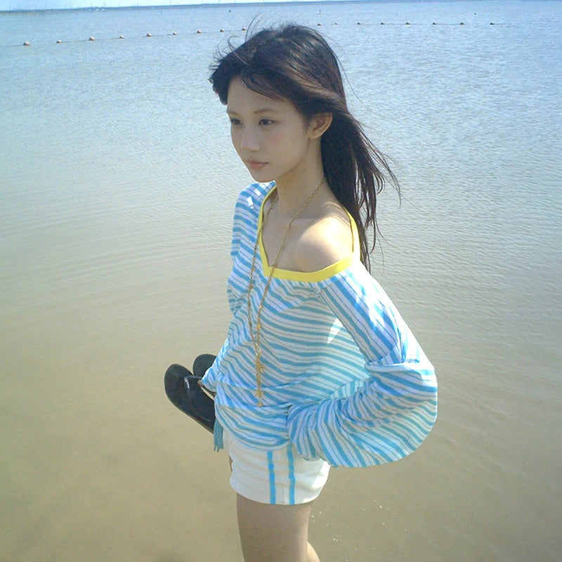 Cathy Dollette Japanese  Blue Striped  Korean 2000s Style V-neck Long Sleeve T Shirt Vintage Harajuku Off Shoulder Loose Tops