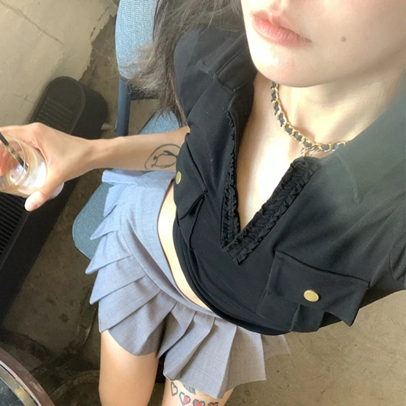 Cathy Dollette Harajuku Vintage T Shirt  Short Sleeve Slim Pocket  American Retro 90s Crop Top V Neck Tee Tops