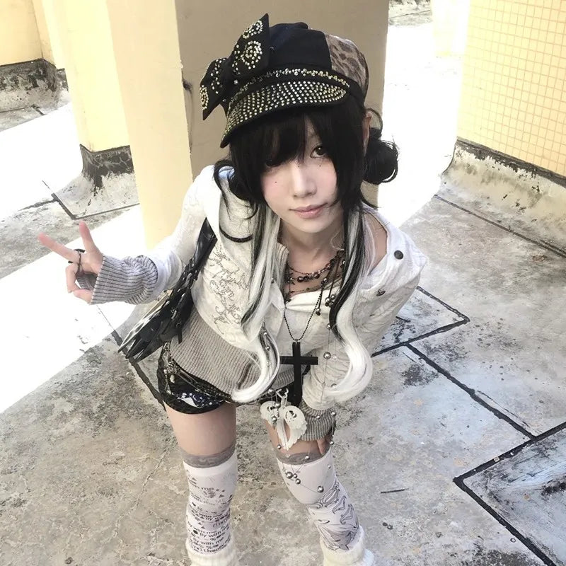 Cathy Dollette Japanese  Fake Two-piece Knitted TopTrashy 2000s Hooded Jacket Vintage Harajuku Knitwear Grunge s American