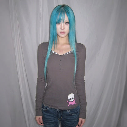 Cathy Dollette Trashy  Skull Print  Grunge s Fake Two-piece TopVintage 2000s Style Streetwear American Retro 90s