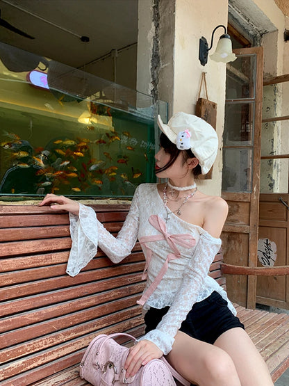 Cathy Dollette Hotsweet Lace Bow 's  Long Sleeve 2000s Clothes  Japan Style Kawaii Off Shoulder Tees Female Clothing