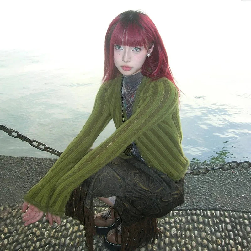 Cathy Dollette Japanese  Crop Cardigan Vintage Harajuku Knitted Outerwears 2000s s V-neck Knitwear Striped American Retro