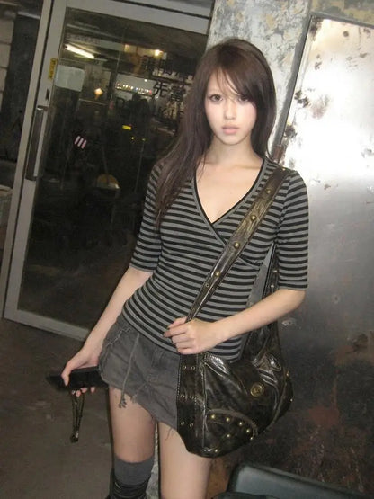 Cathy Dollette Slim V Neck  Gray and Black Striped Top