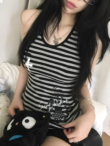 Cathy Dollette Hotsweet Tank Top Striped Vest 2000s Clothes  Female Clothing Skinny Sleeveless Korean Fashion Print Top Chic Tops