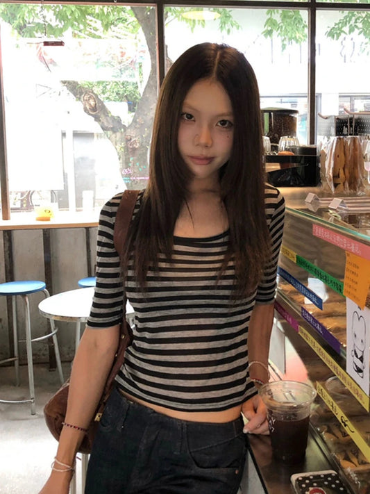 Cathy Dollette  Vintage Top Three Quarter Sleeve Striped T Shirt Streetwear See Through American Retro Crop TopFairycore