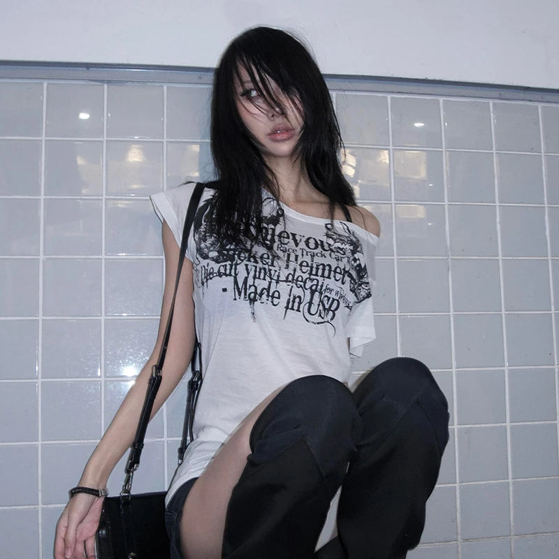 Cathy Dollette Japanese  Letter Print  Trashy 2000s Style Tattoo T Shirt Vintage Harajuku Short Sleeve Sheer TopGrunge Goth