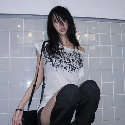 Cathy Dollette Japanese  Letter Print  Trashy 2000s Style Tattoo T Shirt Vintage Harajuku Short Sleeve Sheer TopGrunge Goth