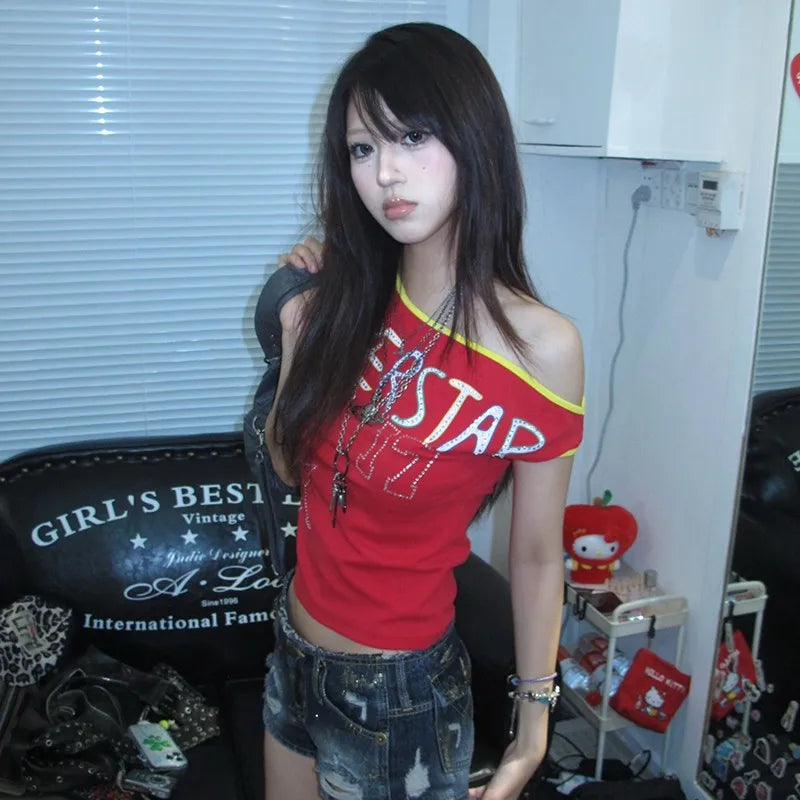 Cathy Dollette  Japanese  Off Shoulder  Trashy 2000s Letter Print Crop Top Vintage Harajuku Rhinestones T Shirt American Retro