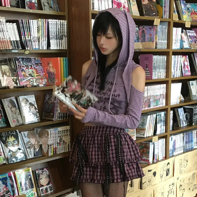 Cathy Dollette Japanese  Hooded  Vintage 2000s Style Rabbit Ears TopHarajuku Purple Striped Hollow Out TopGrunge Lolita