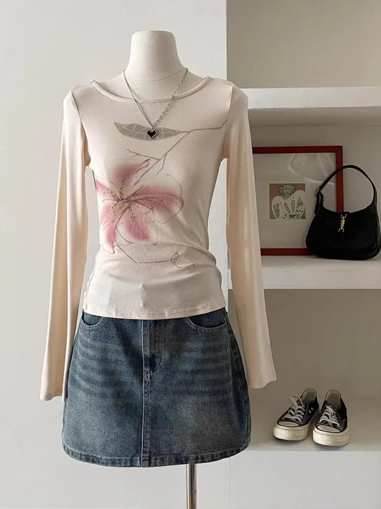 Cathy Dollette Fairycore Print Floral Graphic T Shirts Long Sleeve Korean Fashion Spring Top2000s Clothes  Tees Female Clothing