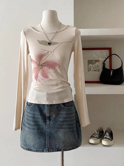 Cathy Dollette Fairycore Print Floral Graphic T Shirts Long Sleeve Korean Fashion Spring Top2000s Clothes  Tees Female Clothing