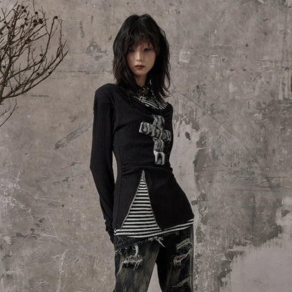 Cathy Dollette Grunge s Fake Two-piece TopTrashy  Long Sleeve Knitted TopWasteland Punk Patchwork TopGothic Vintage
