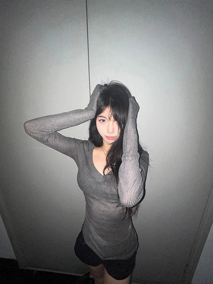 Cathy Dollette Bandage V-neck 's  Long Sleeve Korean Fashion Slim See Through 2000s Clothes  Tees Female Clothing Chic