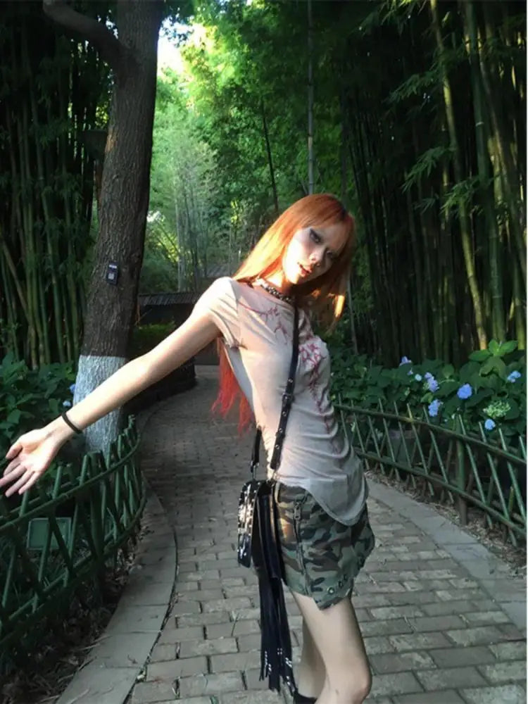Cathy Dollette Gothic Back Graphic T Shirts Short Sleeve 2000s Clothes  Print Slim Goth Summer TopTees Female Clothing