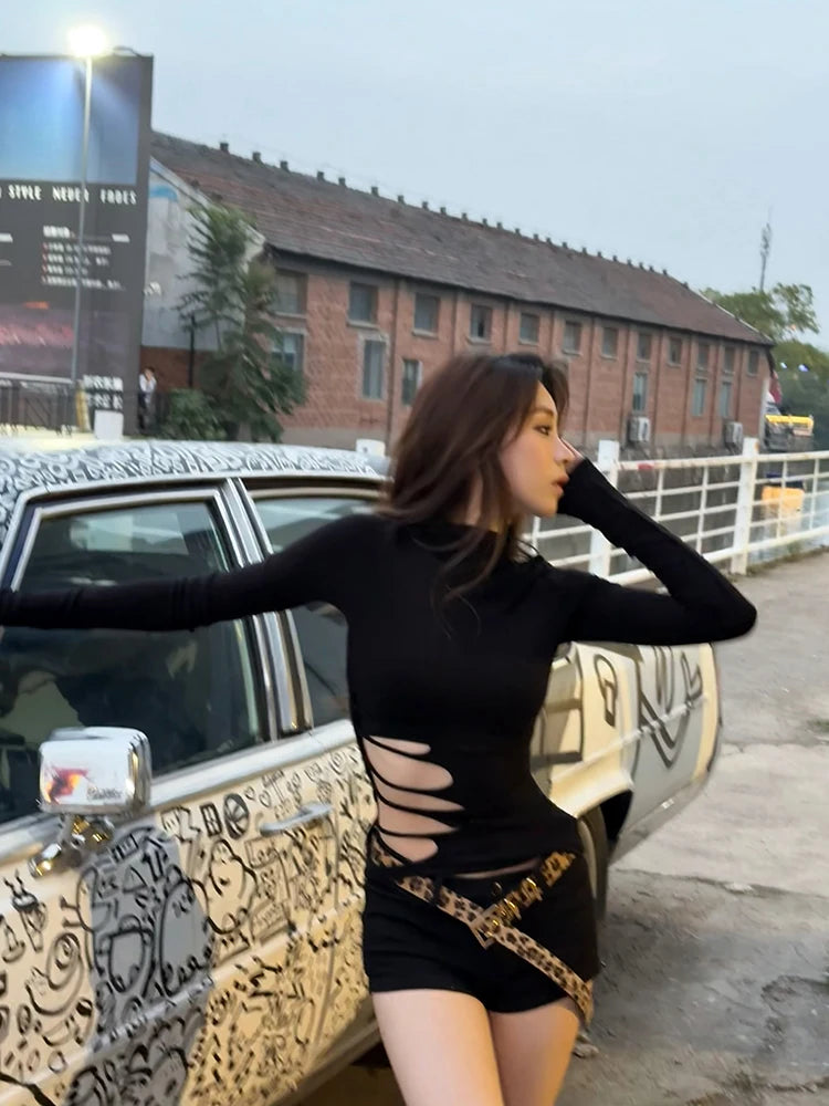 Cathy Dollette Sexy Hollow Out T Shirt  Long Sleeve Slim 2000s Clothes  Autumn TopBlack Tees Female Clothing Skinny