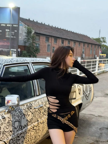 Cathy Dollette Sexy Hollow Out T Shirt  Long Sleeve Slim 2000s Clothes  Autumn TopBlack Tees Female Clothing Skinny
