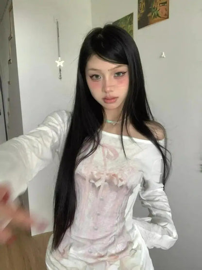 Cathy Dollette Fairycore Print Graphic T Shirts Woman Clothes Long Sleeve Japan Style 2000s Clothes  Tees Female Clothing Chic